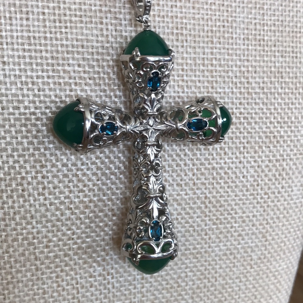 Ornate Sterling Cross Necklace with Green Onyx - Picture 2 of 5